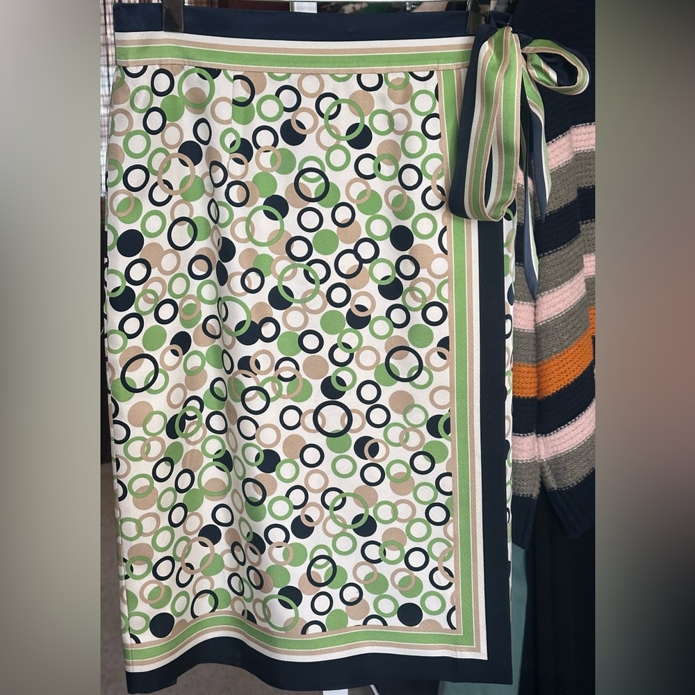 Talbots Silk Wrap Skirt Size 4 Green Navy Geometric Print A-Line